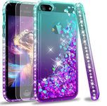 LeYi iPhone SE (2016 Edition) Case, iPhone 5S/5 Case and 2 Tempered Glass Screen Protector, Girl Glitter Liquid Cute Clear Silicone Shockproof Phone Cover for Apple iPhone SE 2016/5/5S Green Purple