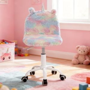 DM Furniture Cute Fuzzy Kids Chair Funny Rolling Study Desk Chair Colorful Girls Vanity Swivel Chair with White Foot