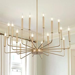 Qamra Modern Farmhouse Gold Chandelier for Dining Room, 16-Light Rustic Candle Chandelier Light Fixture, Industrial Hanging Chandeliers Lighting for Living Room, Kitchen, Staircase, Entryway, Foyer