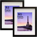 RUN HELIX A5 Picture Frame 2 Pack Display Pictures 4x6 with Mat or A5 Without Mat, Wall Gallery Photo Frames, Solid Wood Picture Frames for Table Top and Wall Mounting, Black