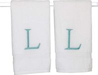 Teal and White Bathroom Hand Towel - Monogrammed Luxury Hotel Quality Decorative Embroidered Towel for Powder Room, Spa - GOTS Organic Certified - Set of 2 Letter L