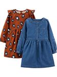 Simple Joys by Carter's Baby Girls' 2-Pack Long-Sleeve Dress Set Casual, Chambray/Cheetah, 2 Years (Pack of 2)