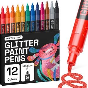 ARTISTRO 12 Glitter Paint Pens for Glass Marking, Rock Painting, Ceramic, Wood, Fabric, Scrapbooking, DIY Craft Making, Coloring - Acrylic Paint Markers Medium Tip 3mm