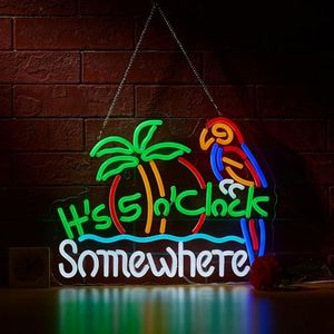 Its 5 00 O'clock Some Where Parrot Neon Sign for Wall Décor Dimmable Palm Tree Sun LED Man Cave Bar Beer Garage Neon Light USB Powered Neon Art Signs