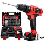 TEENO 21V Cordless Drill Driver Set 21V,Hammer Drill with 2 Lithium-Ion Batteries 1500mAh with Kitbox,18+3 Torque,32N.m Max,25 PCS Drill Bits 2 Speed,LED Light,Impact Drill for Home Garden DIY.