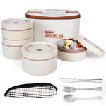 BELLE VOUS 5-Piece Portable Insulated Lunch Container Set with Cutlery - 4 Stainless Steel Leakproof Stackable Food Bento Boxes with Thermal Bag - Lunch Box Set for Adults/Students - Biege