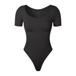 KSKshape Short Sleeve Bodysuit for Women Tummy Control Scoop Neck Shapewear Bodysuit Tshirt Top,Black,XS-S