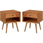 Walker Edison Ella Mid-Century Modern 2-Piece 1-Drawer Solid Wood Nightstand Set, 2 Pack, Caramel