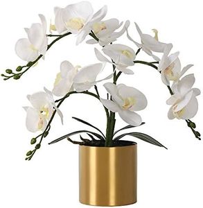 LESING Artificial Orchid Flower with Vase, White Orchid Bonsai Faux Orchid Phalaenopsis Plant Pot Arrangements for Home Decoration (White,Gold Vase)