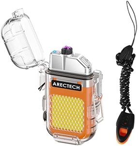 ARECTECH Rechargeable Lighter Electric Arc Dual Lighter 3 Modes of Flashlight Windproof Plasma Lighters Waterproof with Survival Emergency Whistle and Lanyard for Outdoor Candle Camping (Orange)