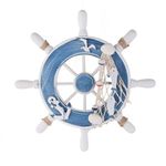 WINOMO Wooden Ship Steering Wheel with Fishing Net Anchor Seagull Nautical Wall Hanging Decoration,Blue, White,23 x 23 x 2 cm; 189 Grams