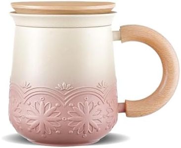 ZENS Tea Cup with Infuser and Lid, 11 oz Embossed Ceramic Tea Mug for Loose Leaf Tea Steeper, Wood Handle Tea Cup with Fine Tea Strainers for Hot Tea Diffusers, Tea Lovers Gifts, Pale Pink