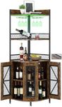 GraveeHome Industrial Corner Bar Cabinet with Power Outlet, 5-Tiers Wine Cabinet with LED Strip and Glass Holder, Multifunctional Liquor Cabinet for Home Bar, Corner Display Storage Cabinet for Home