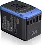 SAUNORCH Universal Travel Adapter, PD 35W 7 in 1 International Power Plug Adapter with 7.0A 4 USB-C and 2 USB-A Fast Wall Charger, Worldwide AC Outlet for US Europe UK AUS (Black+Blue)