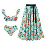 FYMNSI Swimming Costume Women Swimsuit with Matching Sarong Two Piece Swimsuits Tummy Control High Waisted Bikini Set Padded Push Up Floral Print Elastic Waist Chiffon Ruffle Skirt Swimwear Aqua S