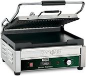 Waring Commercial WDG250T Tostato Supremo Ribbed Top Plate and Flat Bottom Plate Large Surface Panini Grill, With 20 Minute Timer, 120 V, 1800W, 5-15 Phase Plug