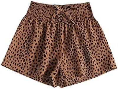 WDIRARA Girl's Shirred Elastic Waist Leopard Print Wide Leg Shorts Tie Front Shorts Multicolored 9Y
