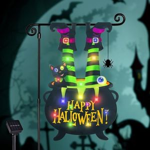 Halloween Lighted Garden Flag for Outside, Led Solar Yard Flag 8 Modes Witch Feet Shape Flag, 12x18 Double Sided Cauldron Eyeball Black Cat Decorations for Home Porch (Witch Feet-Multi Colored-12x18)