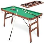 SPOTRAVEL 4FT/4.5FT Billiards Table, Folding Pool Game Snooker Table with 2 Cue Sticks, 2 Chalks, 16 Balls, Triangle & Brush, Portable Pool Table Set (Green + Brown, Wooden Legs, 138 x 67 x 80cm)