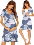 Ekouaer Nursing Nightown Short Sleeve Maternity Breastfeeding Dress Floral Delivery and Labor Gown for Hospital Grey White Floral Large