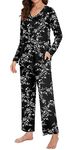 Bestbee Women's Pyjamas Set Plus Size, 2 Piece V Neck Nightwear Set Long Sleeve With Pockets Ladies Pjs Set, 2XL, Black-white Flower