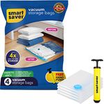 4 Pack Smart Saver Vacuum Bags for Travel, Space Saver Bags (1 Jumbo/1 Large/1 Medium/1 Small) Compression Storage Bags for Clothes, Bedding, Pillows, Comforters, Blankets Storage Vacuum Sealer Bags for Clothes Storage, Vaccine Sealed Compression Airtight Reusable Packing Ziplock Bag with Travelling Hand Pump