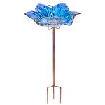 MUMTOP Bird Baths for Outdoors Glass Bird Bath Bowl Outdoor Bird Feeder Flower Pattern with Metal Stake for Garden, Yard and Lawn Decor(Blue)