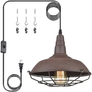 DAYCENT Nautical Farmhouse Plug-in Pendant Light Barn Metal Wire Caged Swag Light Fixture with On/Off Switch on Plug-in Cord, Rust Finish