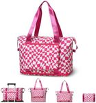 WOOMADA Foldable Travel Duffel Bag, Weekender Bags for Women with Expandable Space, Carry on bags with Wet Pocket & Trolley Sleeve (pink white checkerboard)