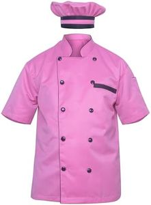 INFOHANDMADE Modeling Men Chef Jacket Half Sleeves in 10 Colours Chef Coat with Cap, Pink, Small