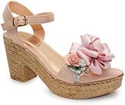 IVACHY Womens Wedge Ladies Summer Floral Sandal Espadrille Platform with Pearl Decoration Pink