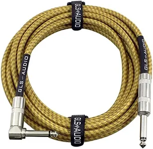 GLS Audio Instrument Cable - Amp Cord for Bass & Electric Guitar - Straight to Right Angle 1/4 Inch Instrument Cable - Brown/Yellow Braided Tweed, 20ft