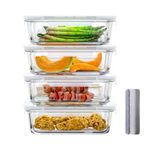 Bstask Glass Containers with Lids Set, 4 Containers & 4 Lids Glass Food Containers, Sealed Glass Food Containers with Snap Locking Lids, Reusable Food Storage Containers Glass, 1040ml-BPA-free