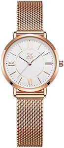 Alienwork Armbanduhr Damen Roségold Metall Mesh Armband Edelstahl Weiss Ultra-flach Elegant