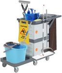 Commercial Janitorial Cart with 2 Cabinet - Black Housekeeping Caddy with Cover, Shelves, and Vinyl Bag