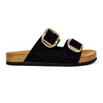 ESSEX GLAM Womens Flat Sandals Large Double Strap Buckle Ladies Open Toe Slip On Casual Holiday Black Slider Mule Size 6