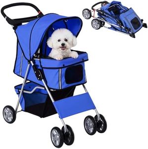 PawHut Pet Stroller for Small Dogs Cats Foldable Travel Carriage with Wheels Zipper Entry Cup Holder Storage Basket Blue