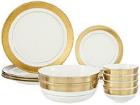 Amazon Brand - Solimo Ceramic 14 Piece Premium Dinner Set | 4 Dinner Plates, 4 Quarter Plates, 2 Large Bowls & 4 Small Bowls | Golden Strip - Floral