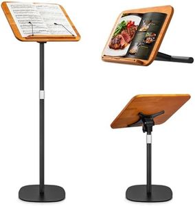 2 in 1 Dual-use Music Stand & Desktop Book Stand, Adjustable Height 16.5"-51", 100% Solid Wood Laptop Floor Stand Book Holder with Elastic Page Clips for Cookbooks, Sheet Music (Brown)