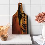 Lunarable Africa Cutting Board, Savannah Animal with Giraffe Crew with Majestic Tree at Sunrise in Kenya, Decorative Tempered Glass Cutting and Serving Board, Wine Bottle Shape, Orange Black