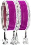 NMII Metal with Zircon Gemstone and Velvet Studded Bells Latkan Bangles Set For Girls and Women I Latkan Bangles, Premium Bangle Bracelet Set (Silver-Magenta-2.4 Inches), Pack Of 16