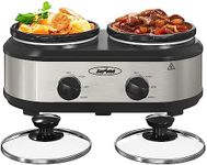 Sunvivi Dual Slow Cooker, Buffet Server & Warmer with 2 Removable Ceramic Pots, 3 Adjustable Temp Settings & 2 Visible Glass Lids, Stainless Steel, 2.5 QT Silver