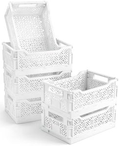 6 Pack Collapsible Storage Bins, White Plastic Crates for Storage with Label Slot,Stackable Plastic Storage Bins for Home Office Shelves Closet Kitchen,Space Saving for Daily Supplies(12.2"x8.3"x4.7")
