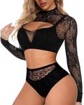 Buitifo Women Lingerie Set Front Open Bodysuit Sexy Nightwear Pajamas Set (Black,M)