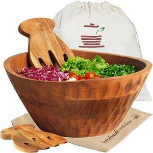 Culina Craftique Wooden Salad Bowl - Large serving bowl set with jute placemats and serving utensils - 11 inch Acacia wood fruit bowl for kitchen counter - modern, farmhouse kitchen decor