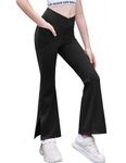 Zaclotre Girls' Flare Leggings with Split Hem Cross High Waist Yoga Bootcut Athletic Kid Bell Bottom Pants with Pockets Black