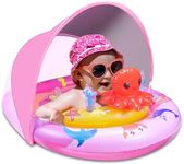 Baby Pool Float - Inflatable Float with Canopy UPF50+ Sun Protection - Infant Toddler Swim Float with Toy Play Console for Kids Girls Boys Aged 6-36 Months-Pink