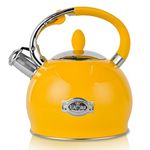 SUSTEAS Stove Top Whistling Tea Kettle - Food Grade Stainless Steel Teakettle Teapot with Cool Touch Ergonomic Handle, With 1 Silicone Pinch Mitt Included, 2.64 Quart,YELLOW