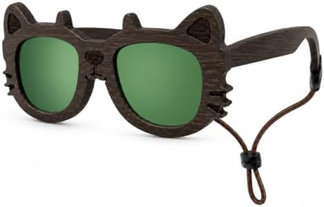 LNOOPZYL Kids Wooden Cat-Shaped Sunglasses with Ears, Wood Frame, Multiple Lens Colors, Ages 2-8, Includes Case, Cloth and Strap (BrownWood-Green)