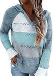 BLENCOT Women's Casual Color Block Hoodies Sweater Long Sleeve Drawstring Pullover Sweatshirts Fashion Knitted Tops Blue S